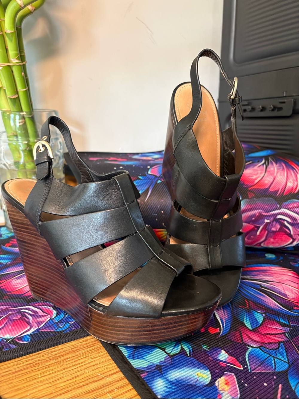 Sak’s Fifth Ave Women's Black Leather Slingback Platform